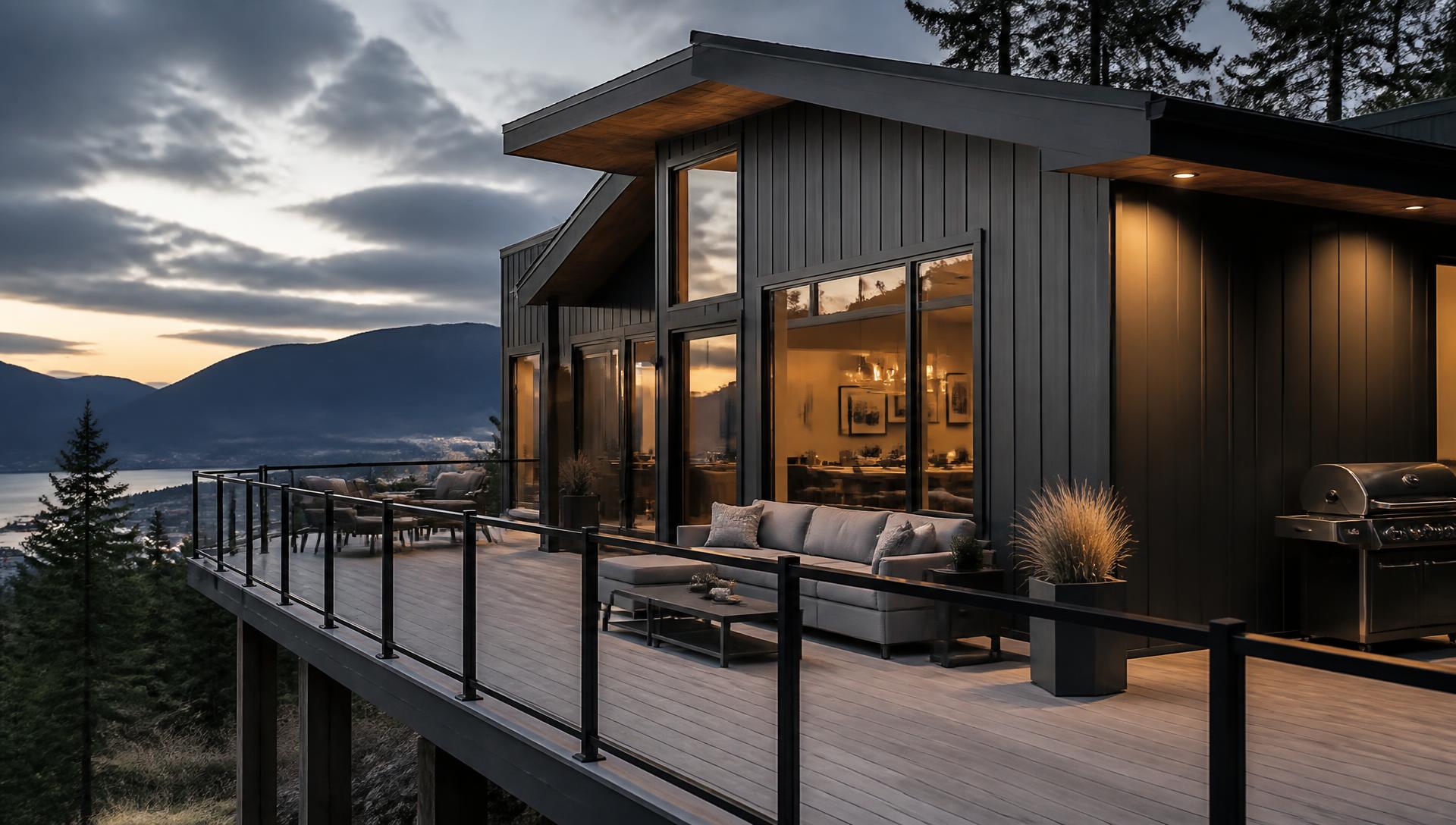 Modern home with dark siding, sundeck and aluminum railing at dusk